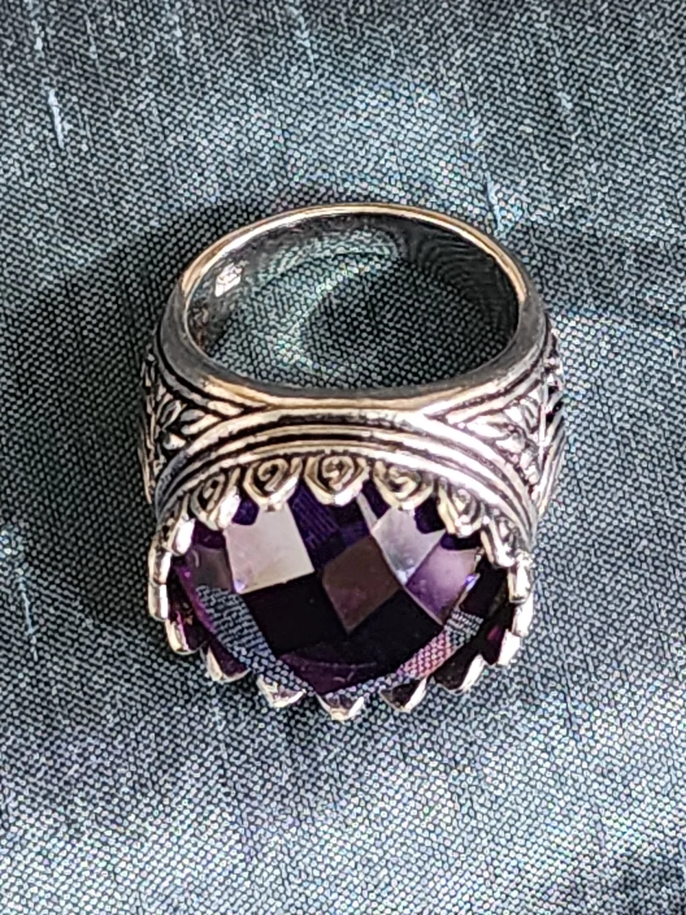 Sterling Silver Crown Statement Ring with Purple Faceted Stone Sz 9 Vintage Look